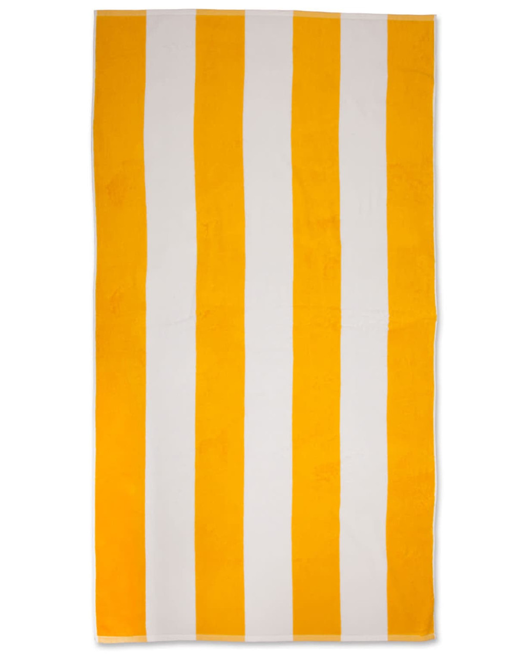 A striped beach towel featuring alternating yellow and white stripes, ideal for outdoor leisure.