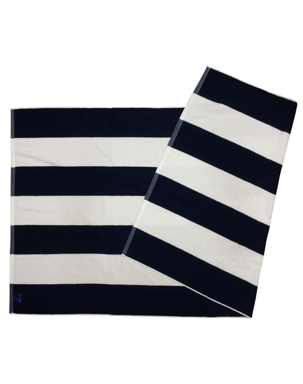 A striped beach towel featuring navy blue and white stripes, with a logo in one corner.