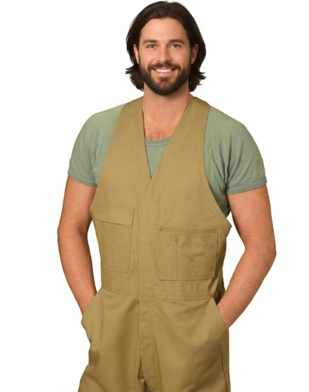 Men's cotton drill overall in beige, featuring a sleeveless design and front pockets. Includes a branding logo.
