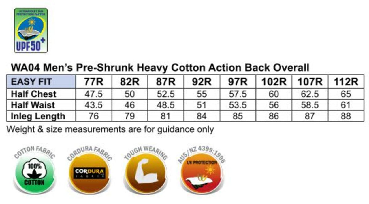 A chart detailing sizes and measurements for men's pre-shrunk heavy cotton action back overalls, featuring various dimensions.