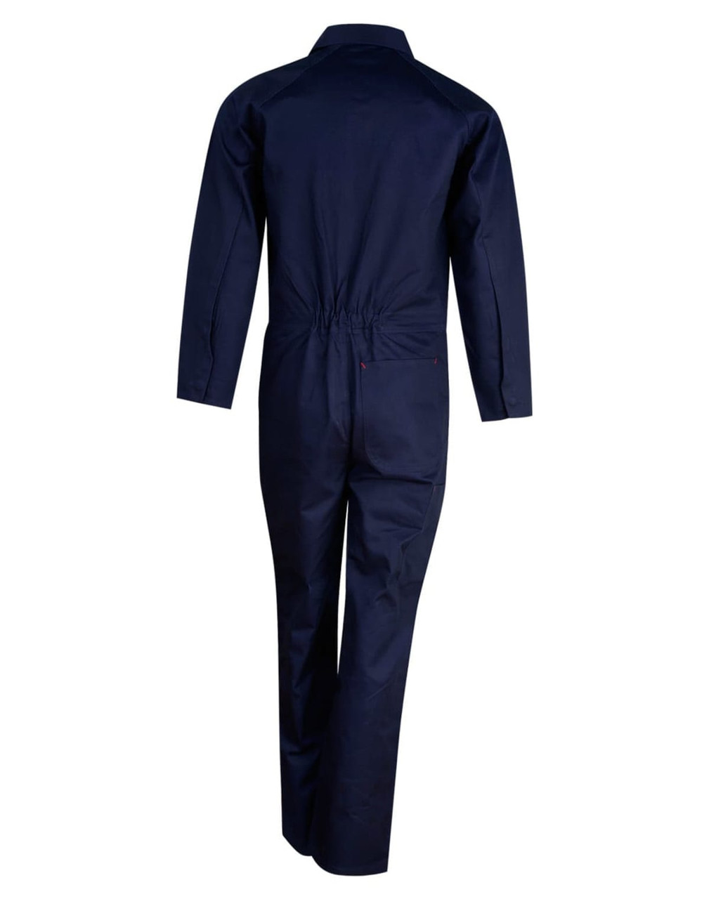 A navy blue cotton drill coverall with long sleeves, featuring a fitted waist and rear pockets.