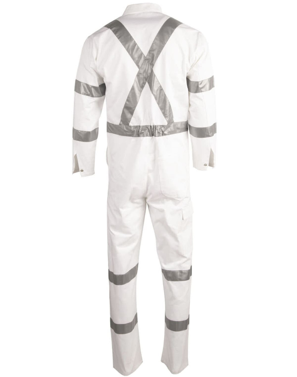 A white coverall with grey reflective stripes, featuring a logo and designed for night safety.