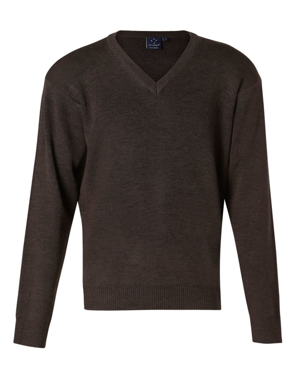A V-neck jumper in dark brown wool and acrylic knit, featuring long sleeves and a branded label.
