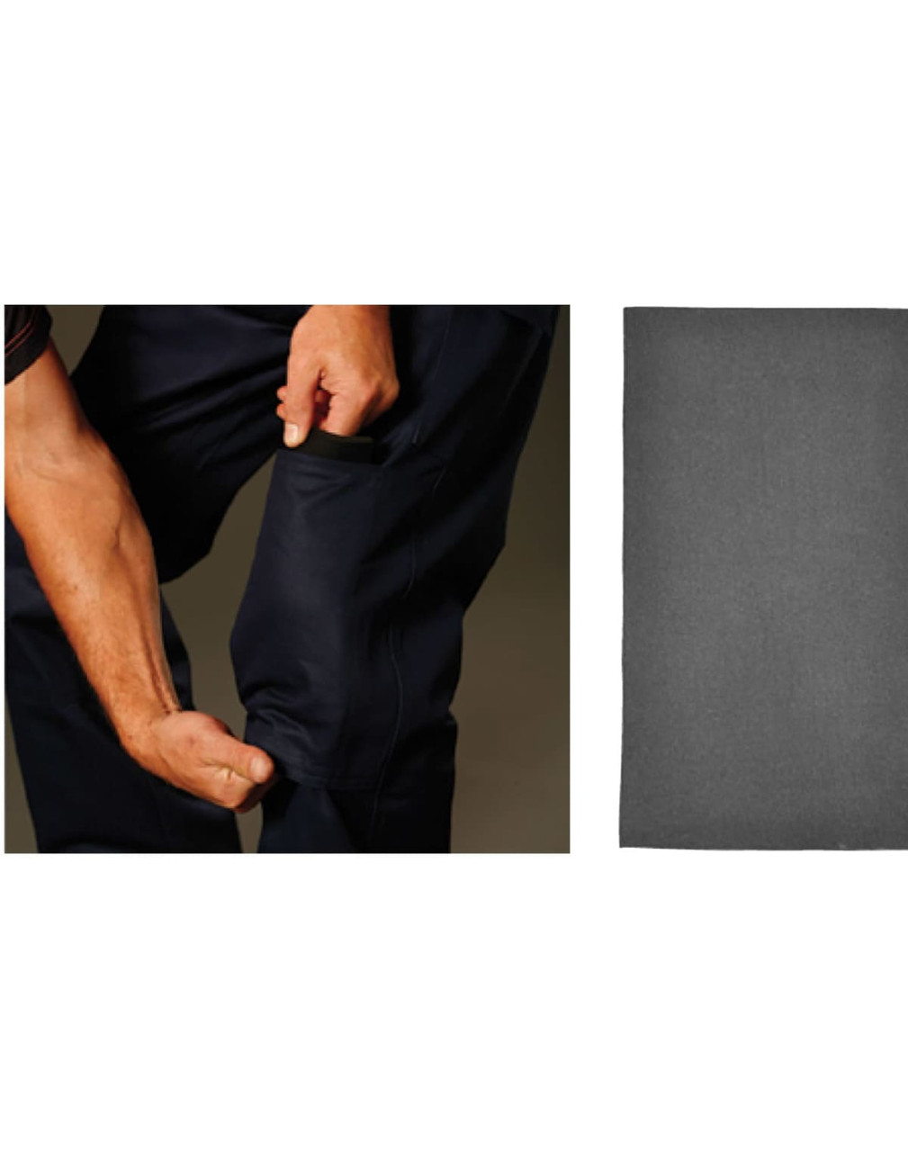 Men's cotton drill cargo pants in dark navy, featuring knee pads and a side pocket. Includes branding on the fabric.