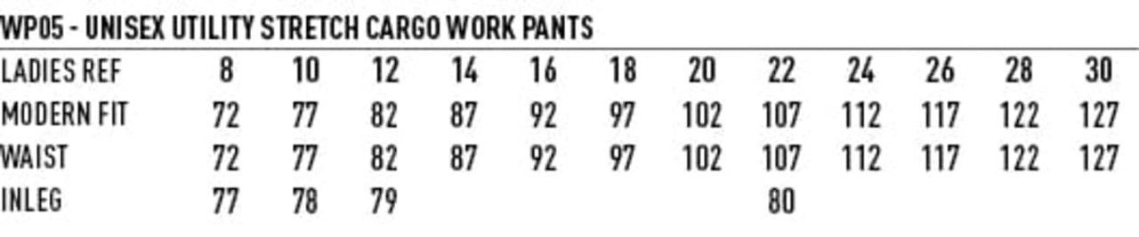 A table displaying sizing information for unisex utility stretch cargo work pants, including waist and inseam measurements.