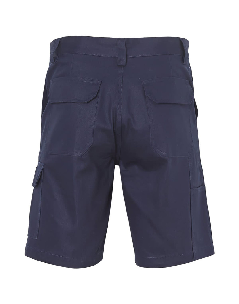 A pair of navy blue heavy cotton drill shorts with multiple pockets and a logo on the back.