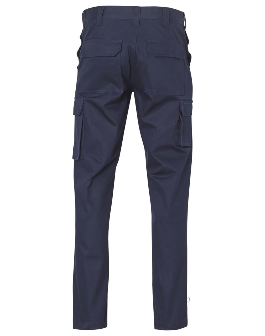 Navy cargo pants featuring side pockets and a regular fit, with a logo on the back.