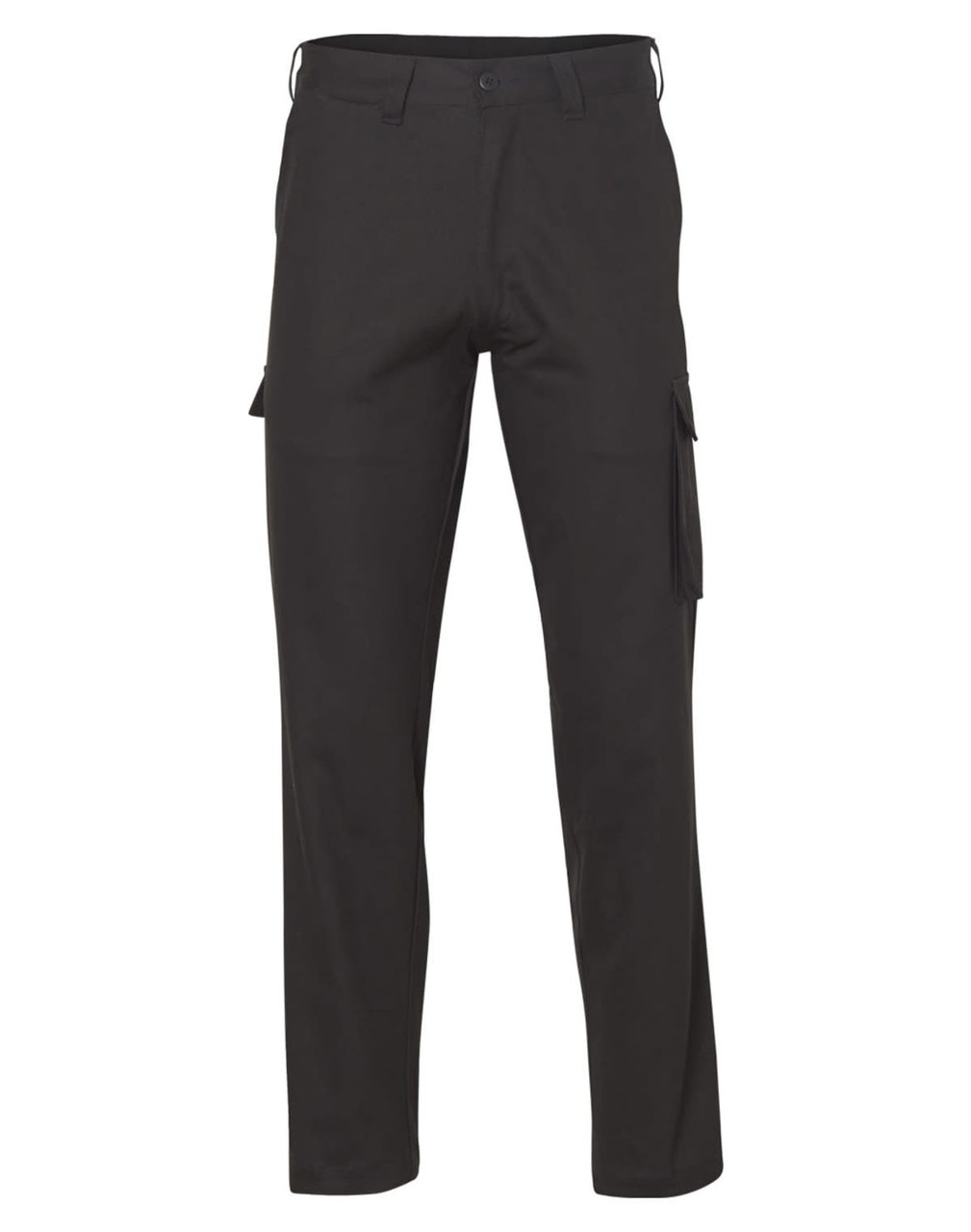 A pair of regular fit black cargo pants with drill pant pockets on the legs and a logo present.
