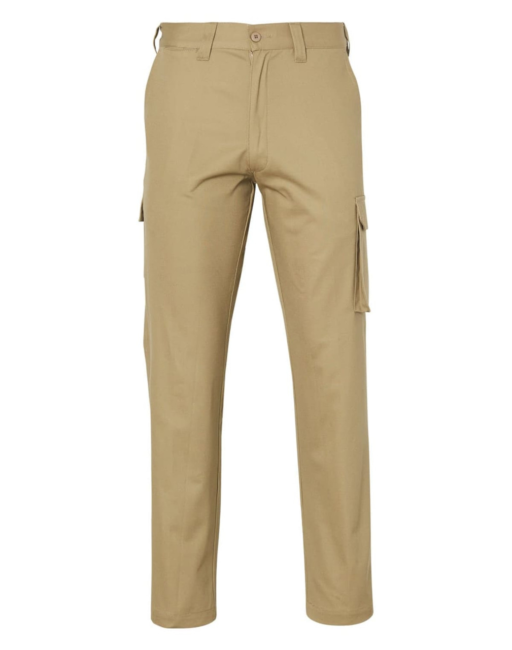 A pair of regular fit cargo pants in khaki, featuring side pockets on the legs and a belt loop waistband.