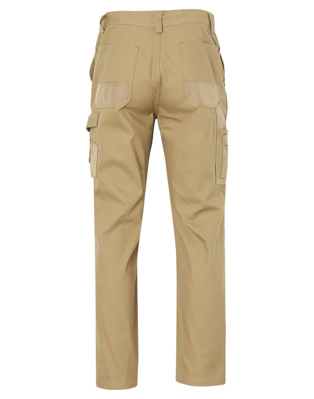 A pair of khaki work pants with cargo pockets, featuring a sturdy design and a logo on the back.