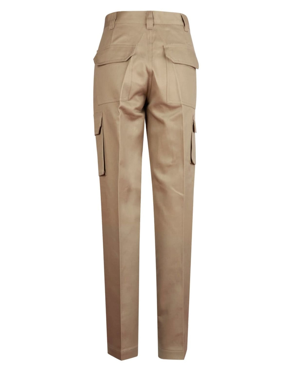 Long-fit work pants in khaki featuring multiple pockets on the legs and a rear view showcasing the design.