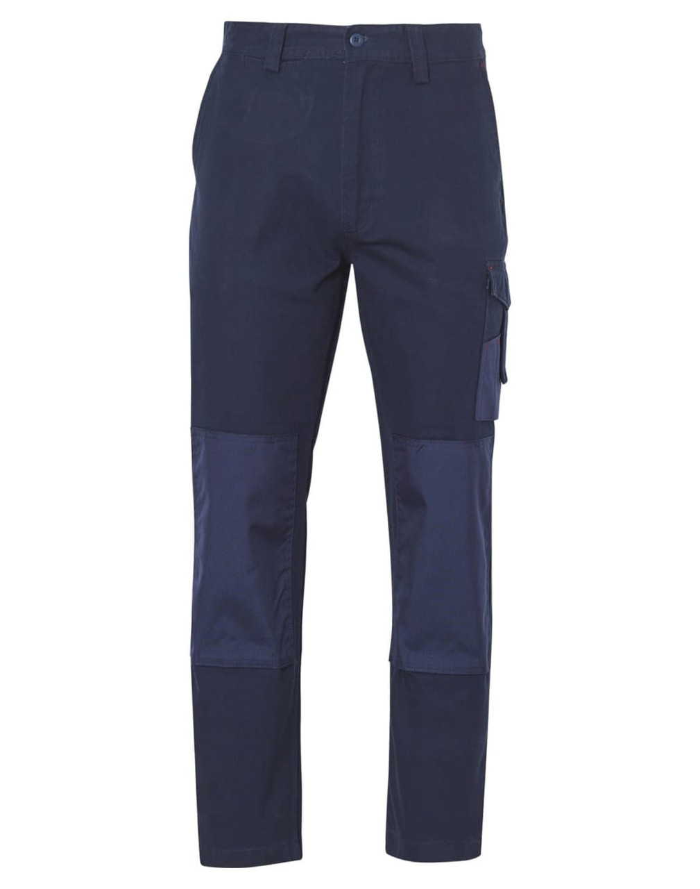 A pair of navy blue work pants with a cargo pocket and reinforced sections. Features a logo on the waistband.