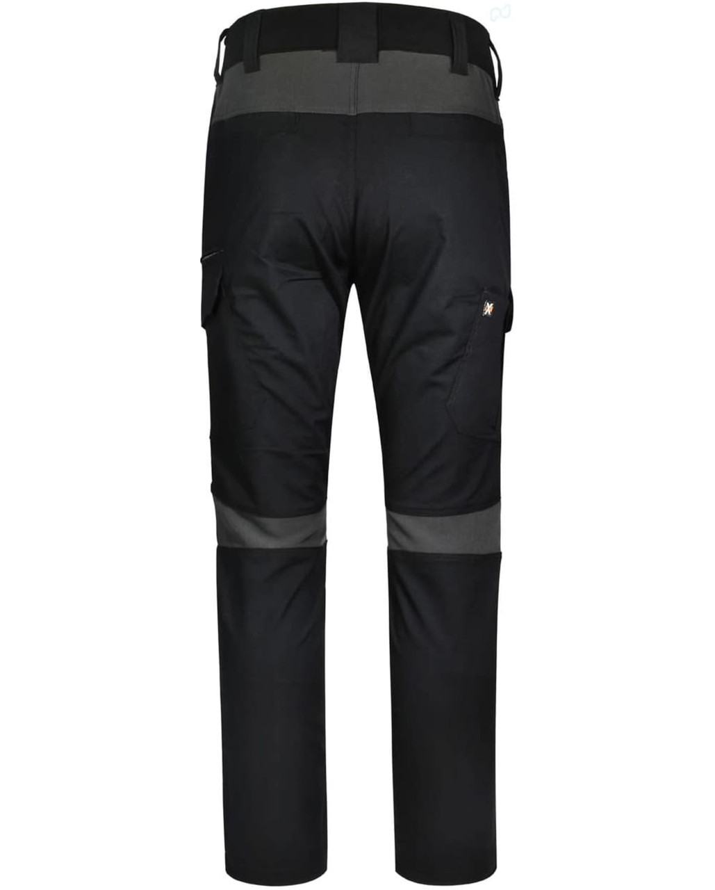 Black work pants with grey accents, featuring cargo pockets and a logo. Ideal for durability and comfort in workwear.