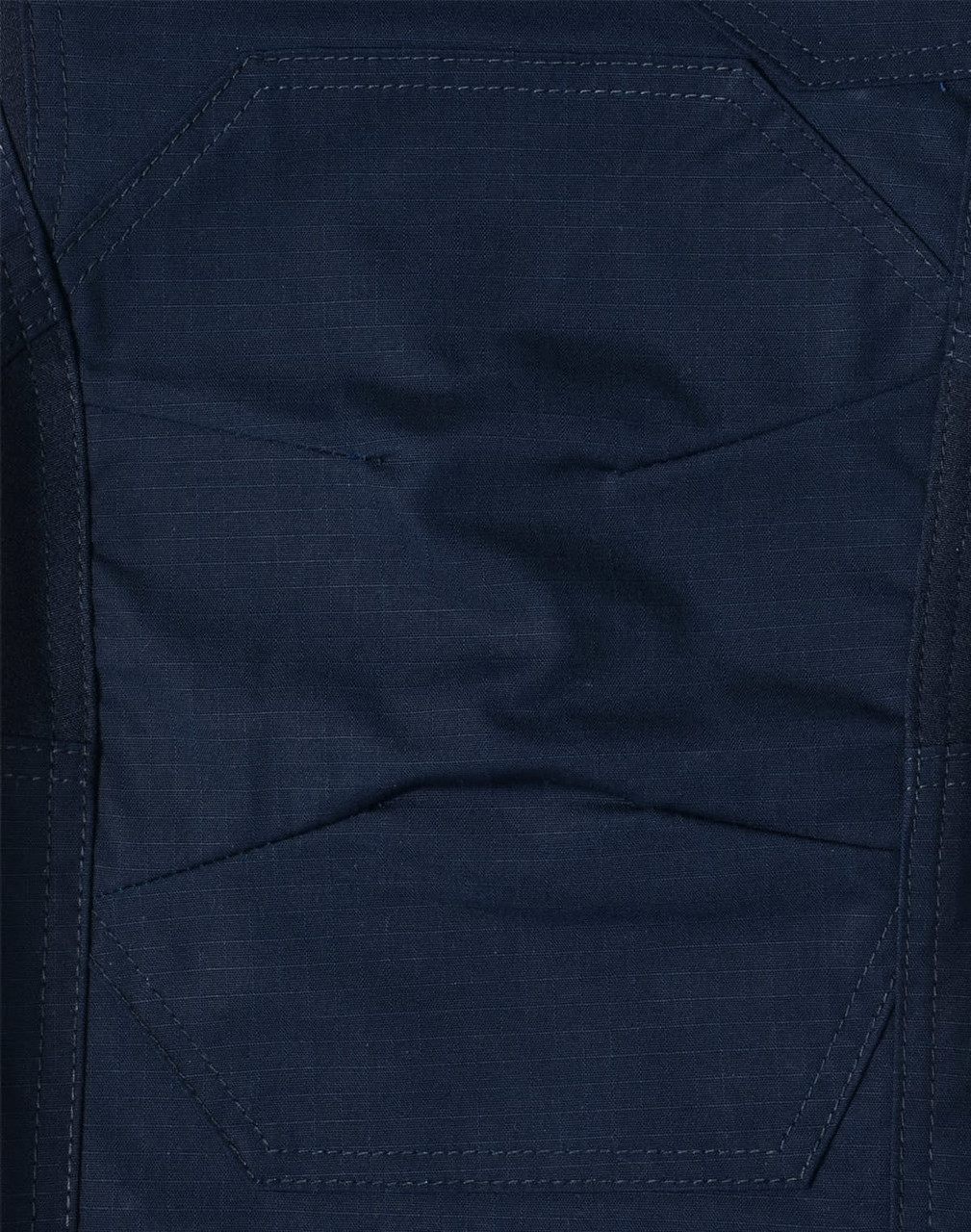 A close-up of dark navy rip-stop poly/cotton stretch work pants, featuring textured fabric and detailed stitching.