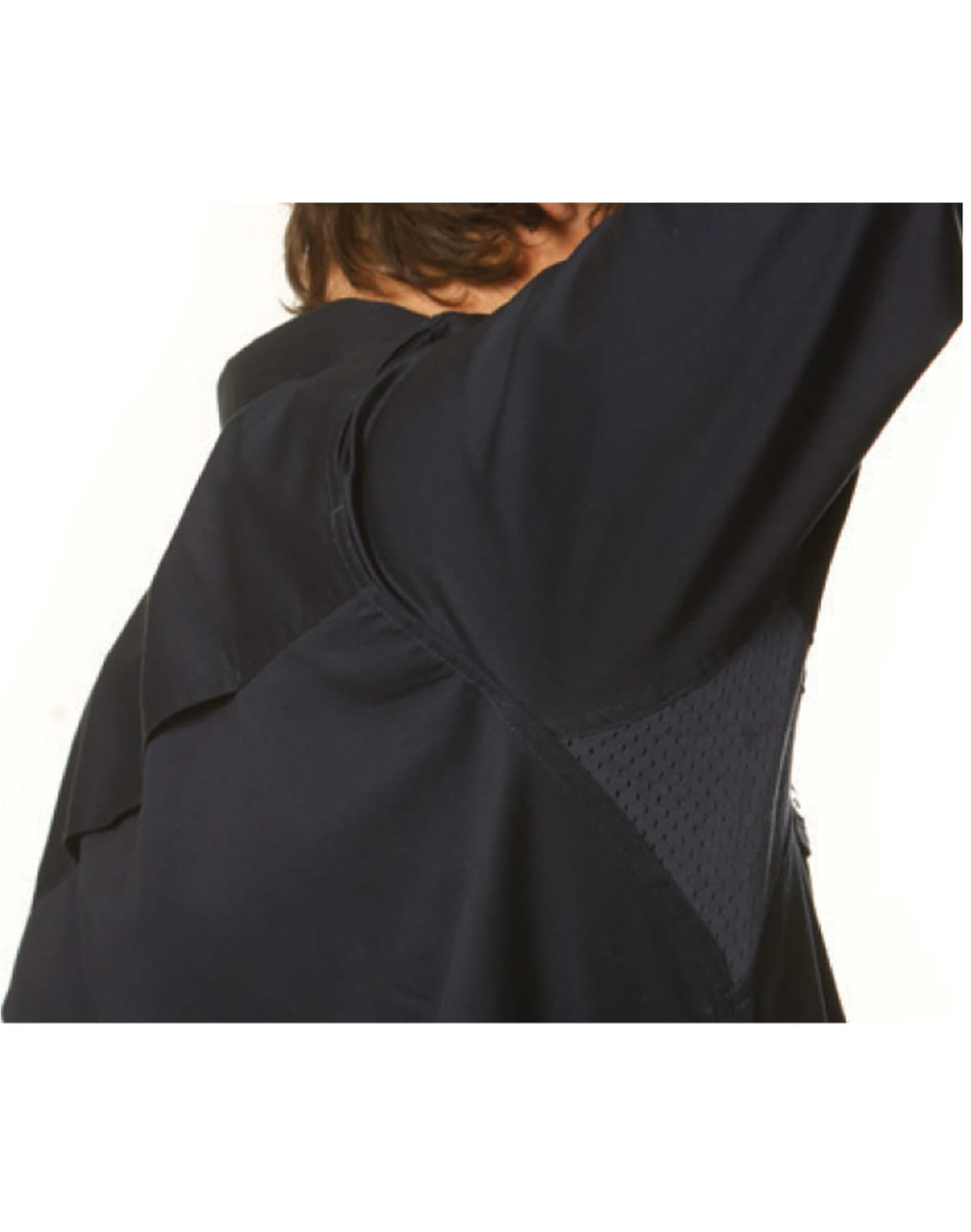 A dark navy long sleeve cotton work shirt featuring mesh detailing on the shoulders, with a logo present.
