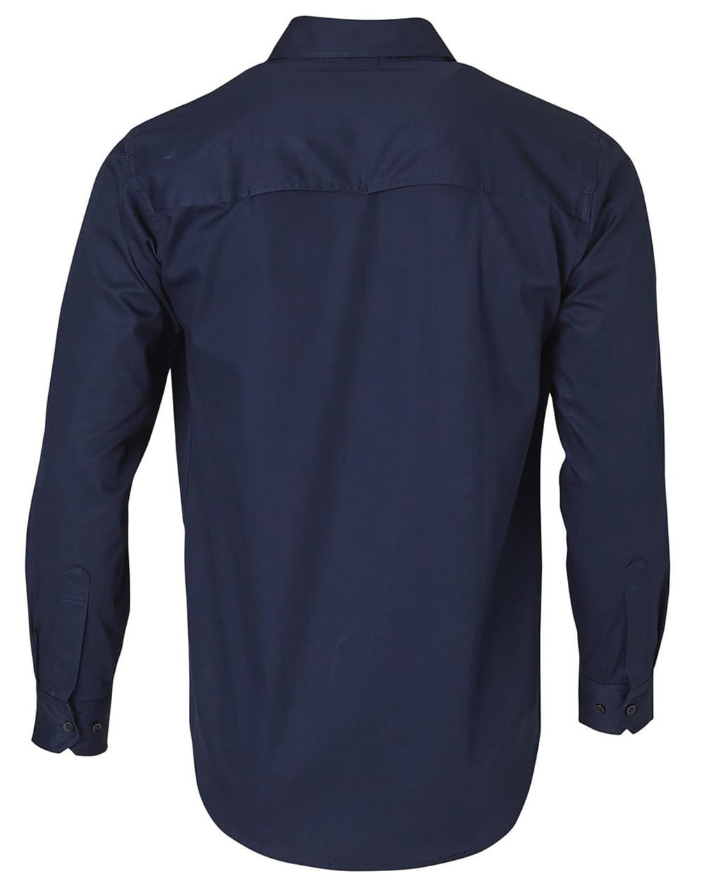 A navy long-sleeve cotton work shirt with a back yoke and buttoned cuffs. Features a logo.