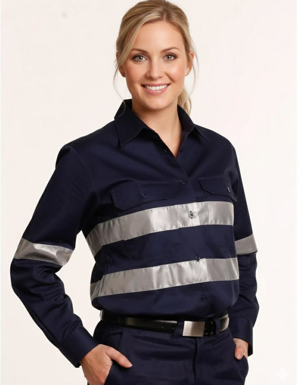 A navy long-sleeve work shirt made from cotton drill, featuring 3M reflective tapes and a logo.
