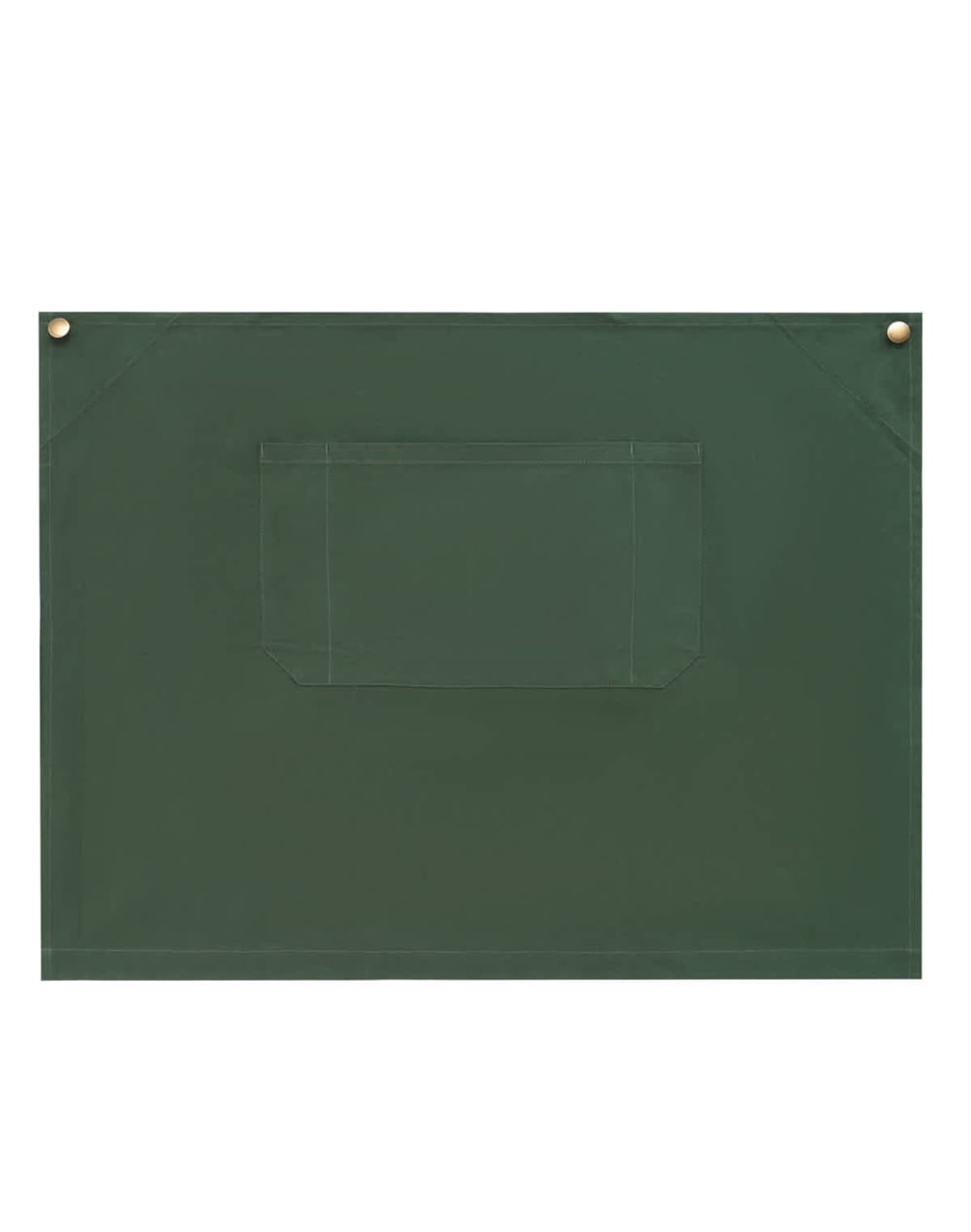 A green canvas short waist apron featuring a front pocket and two attachment buttons.