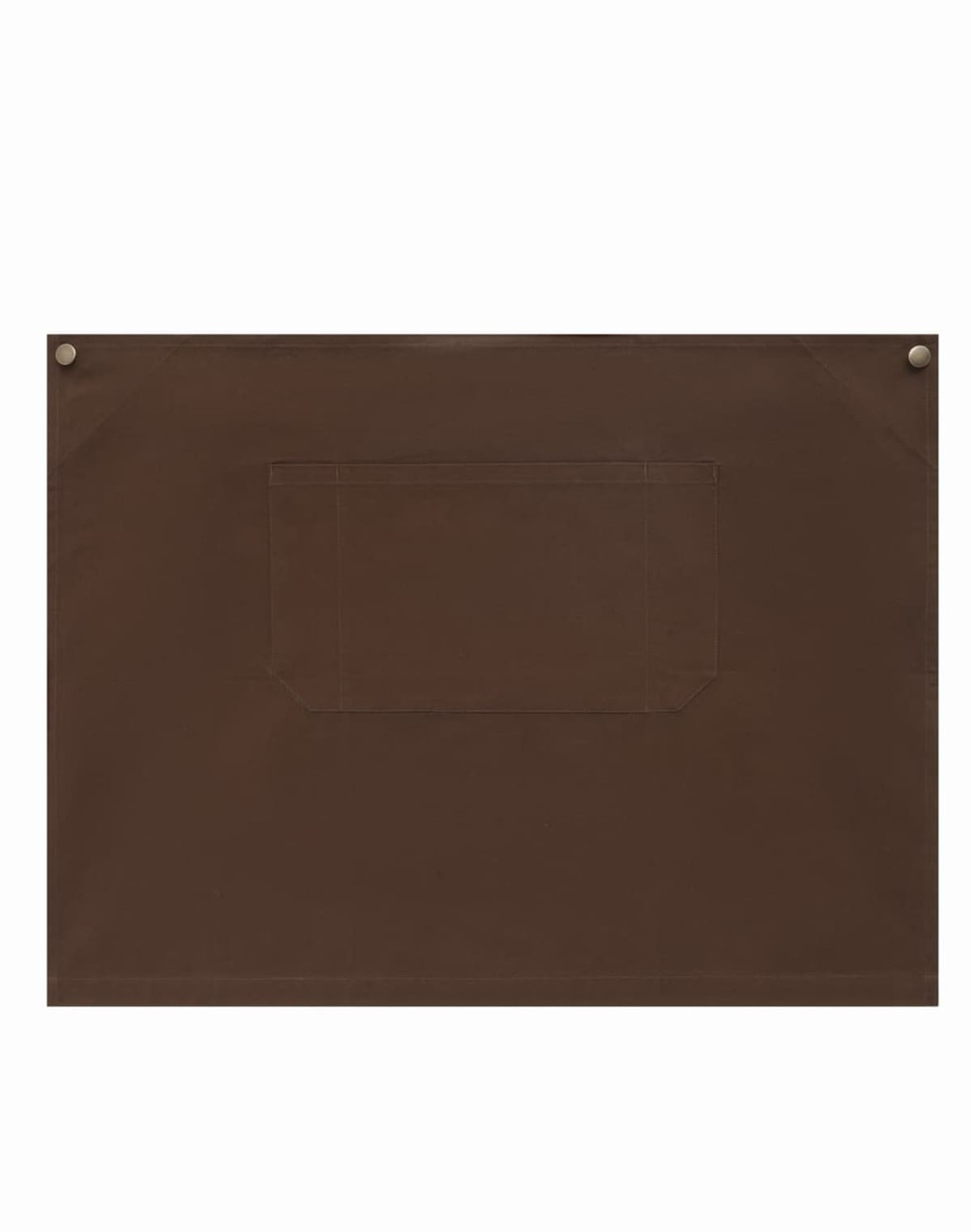 A brown canvas short waist apron with a front pocket and two side snaps. Features a simple design.