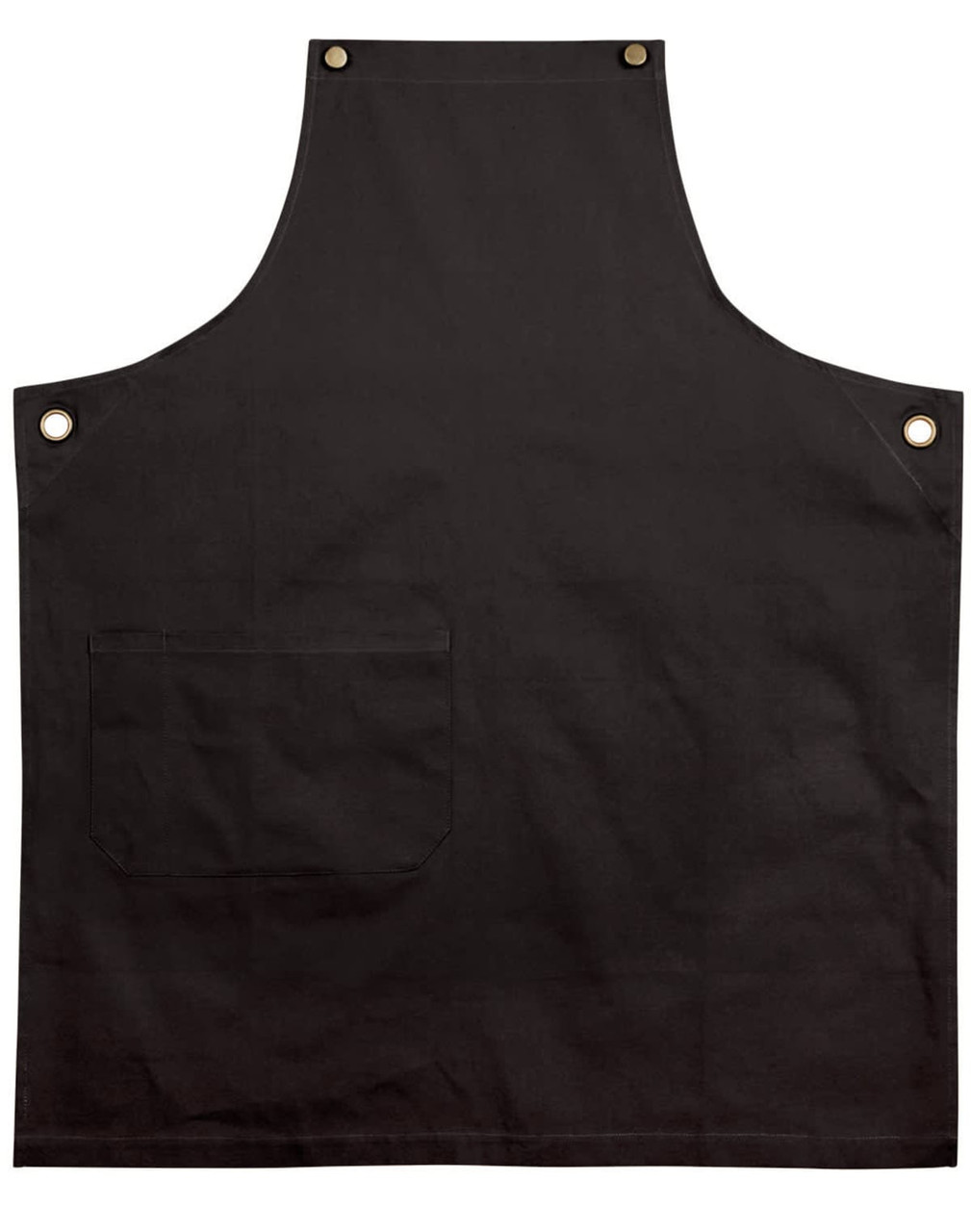 A black canvas bib apron featuring a front pocket and gold-toned buttons. It has a simple, classic design.