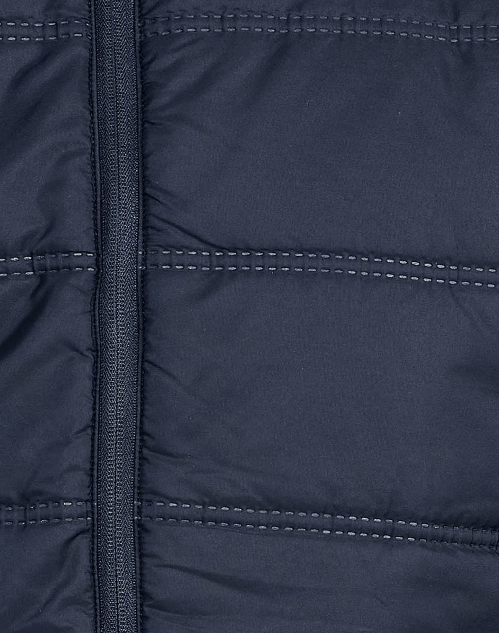 A navy blue unisex sustainable seamless parka jacket featuring a zip fastening and quilted texture.