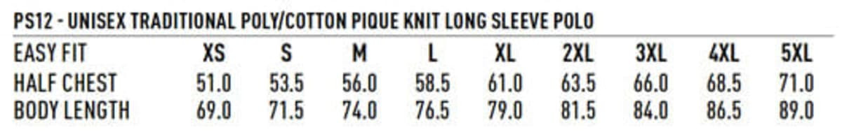 A size chart for a Unisex Traditional Poly/Cotton Pique Long Sleeve Polo, featuring measurements for various sizes.