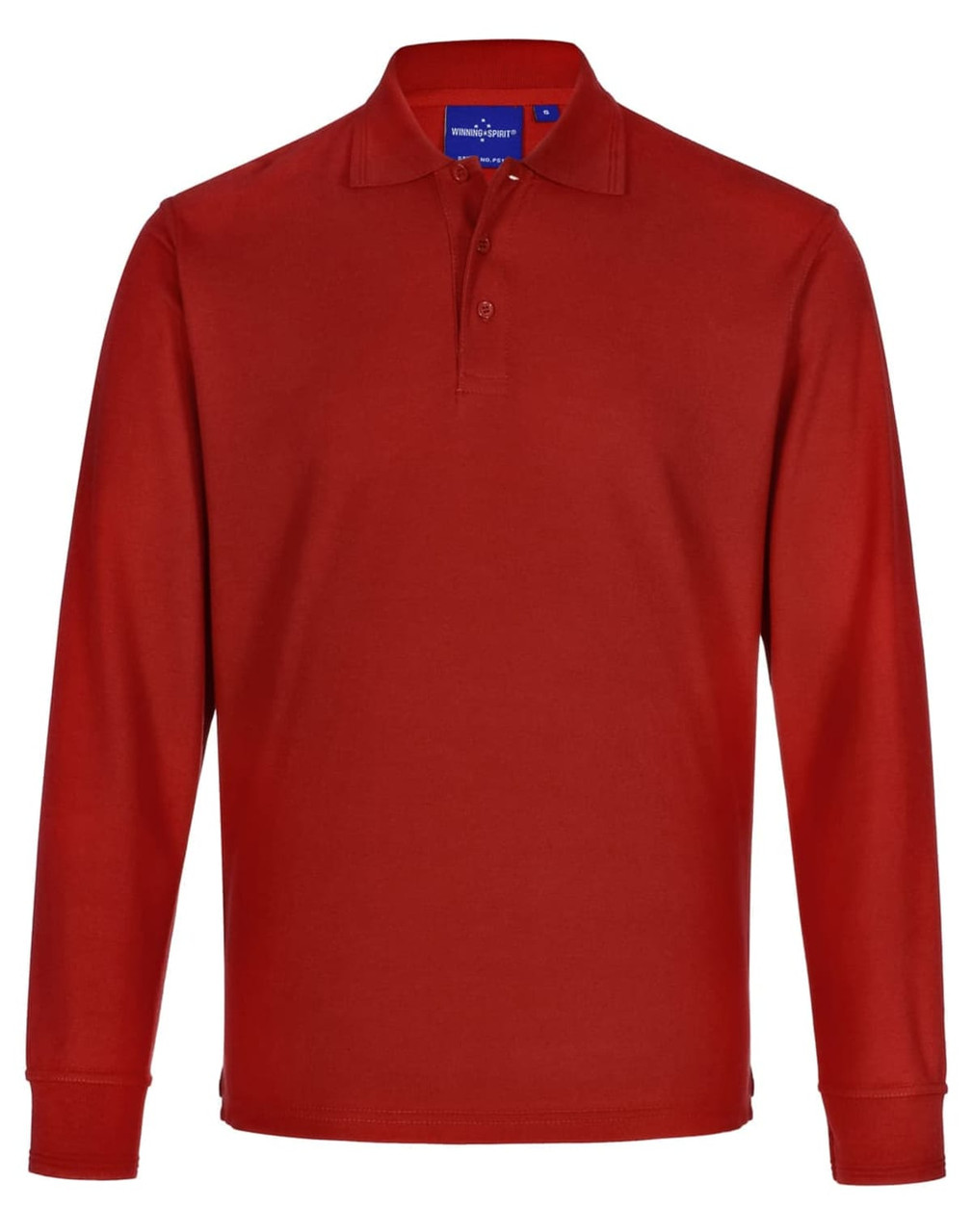 A unisex long sleeve polo in a rich red colour, featuring a classic collar and a logo on the chest.