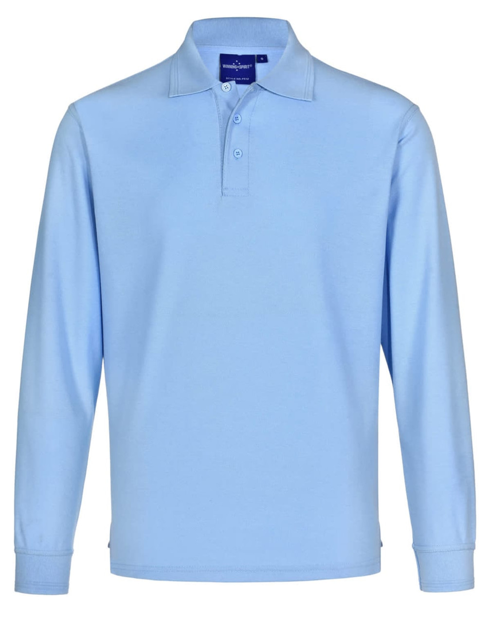 A light blue unisex long sleeve polo shirt made from poly/cotton pique fabric with a collar and a logo.