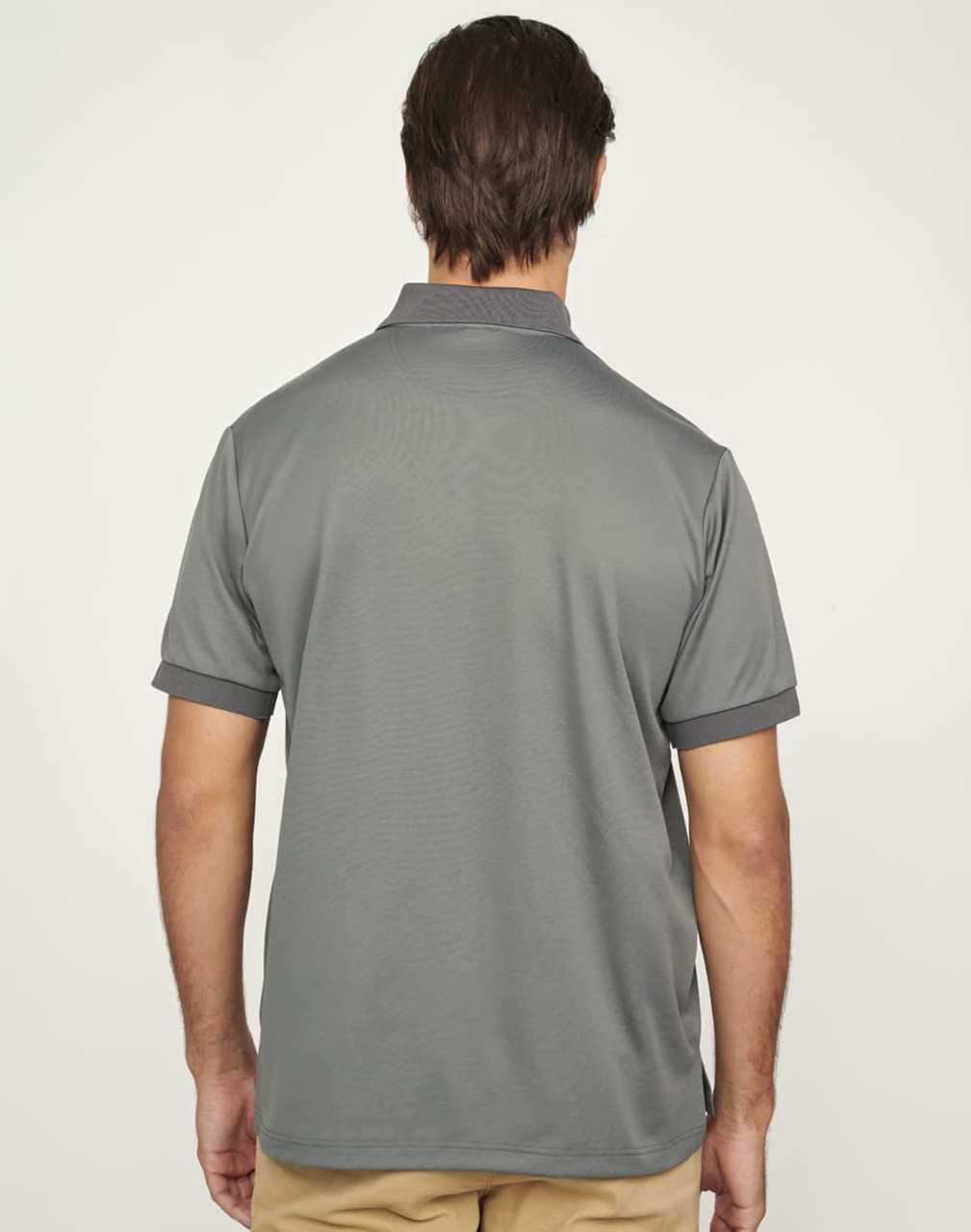A grey polo shirt with a contrasting collar, featuring a logo on the back. Suitable for corporate settings.