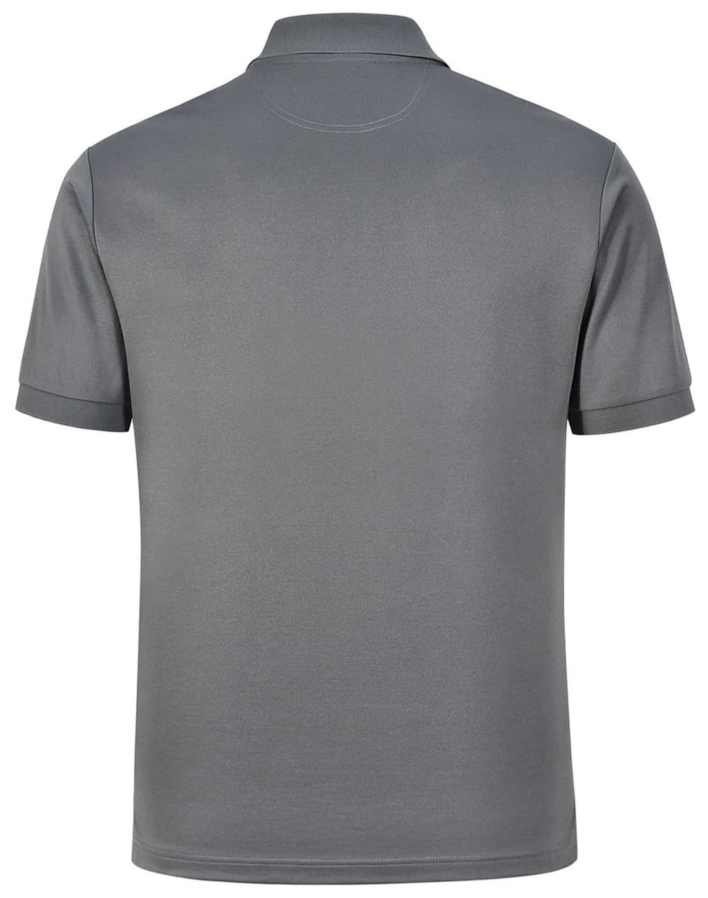 A grey men's sustainable poly/cotton polo shirt with short sleeves and a collar, featuring a logo on the chest.