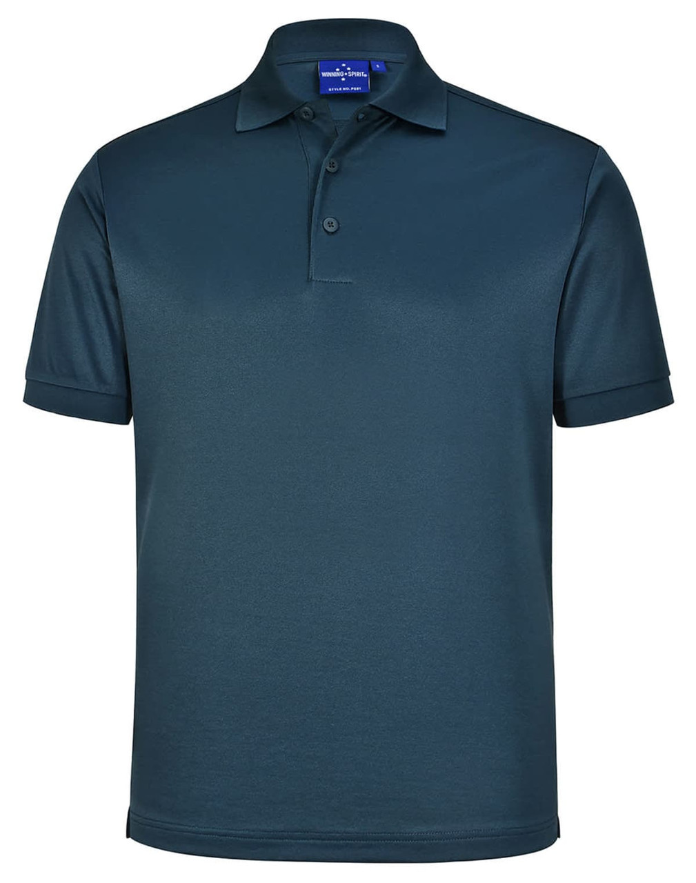 A dark teal men's sustainable poly/cotton short-sleeve polo shirt with a collar and three buttons.