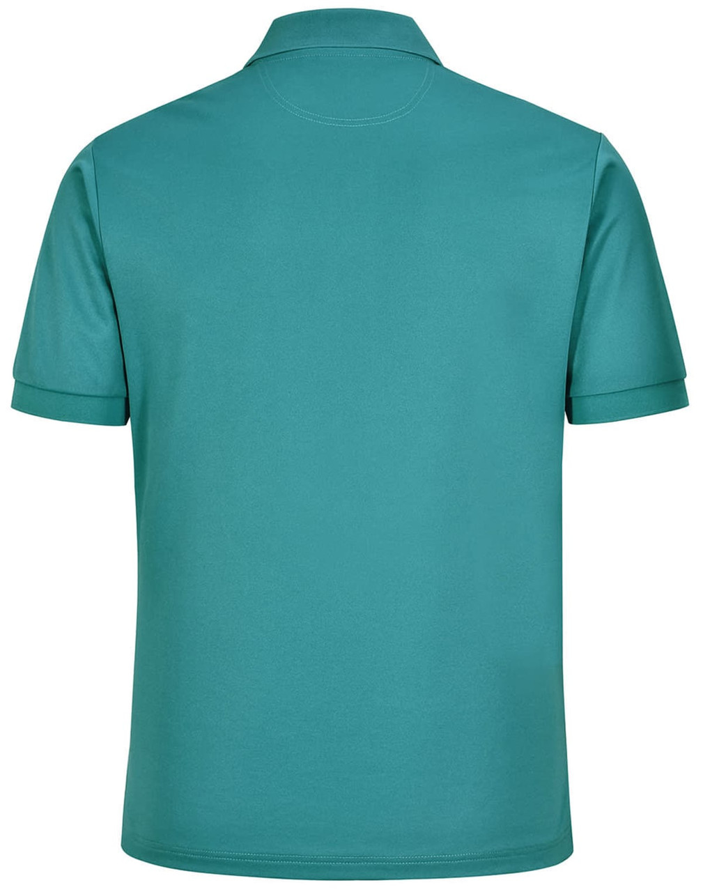 A teal men's sustainable poly/cotton short-sleeve polo shirt with a collar and a logo on the back.