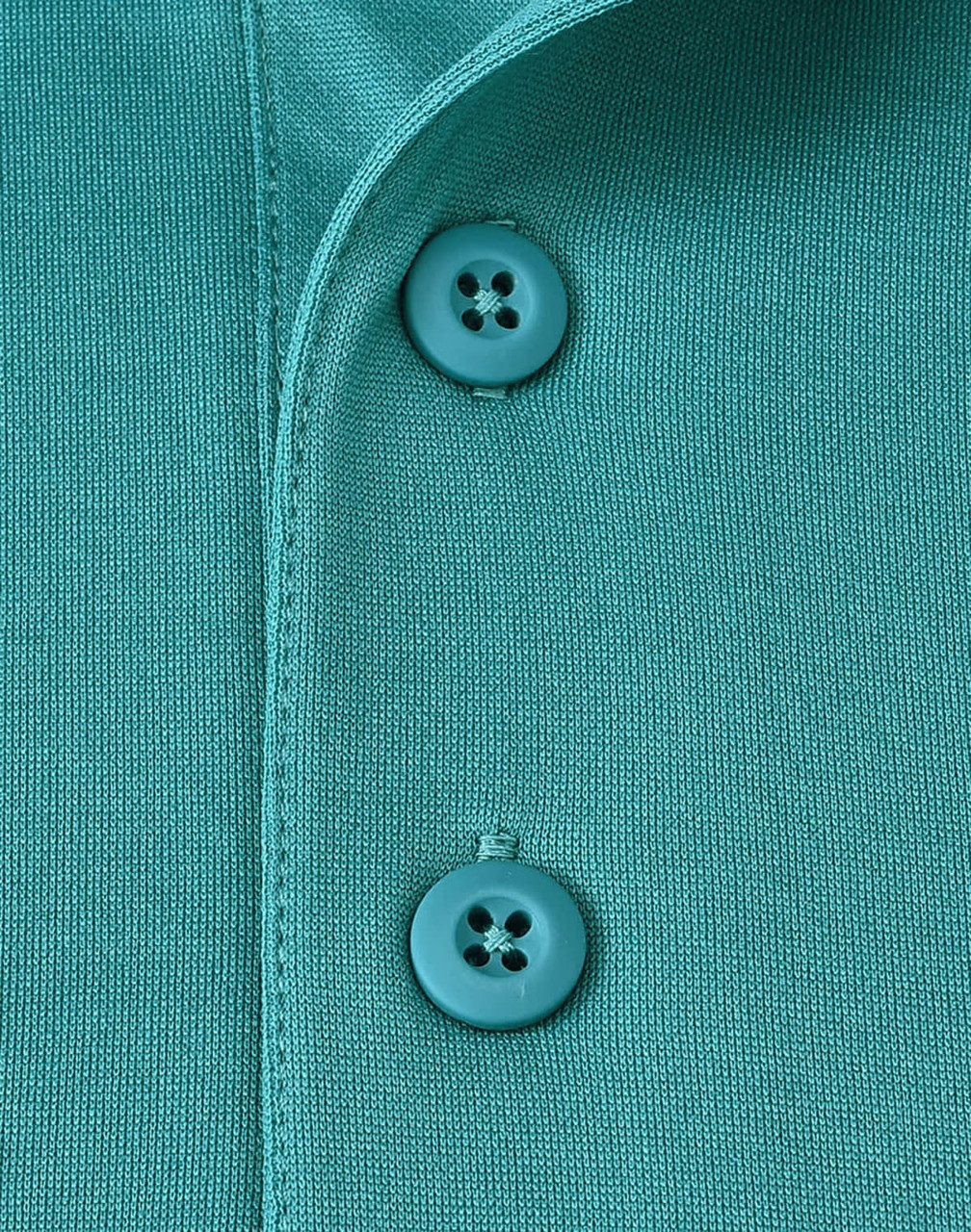 A close-up of a teal men's polo shirt, featuring buttons and a textured fabric.
