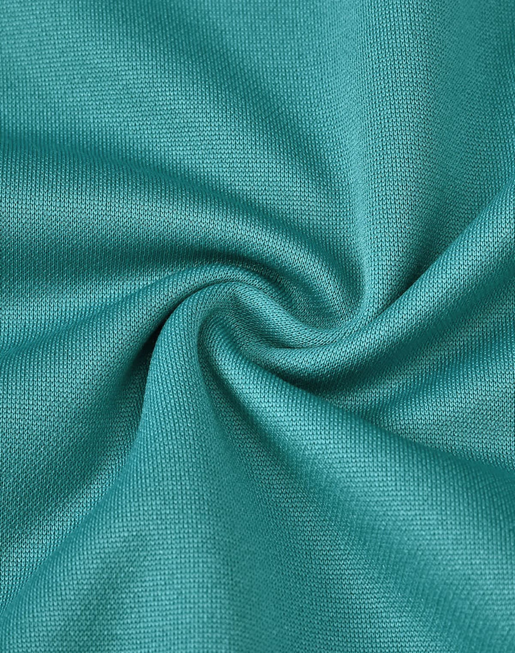 A textured fabric swirl in a vibrant teal colour, showcasing the material of a sustainable poly/cotton polo shirt.