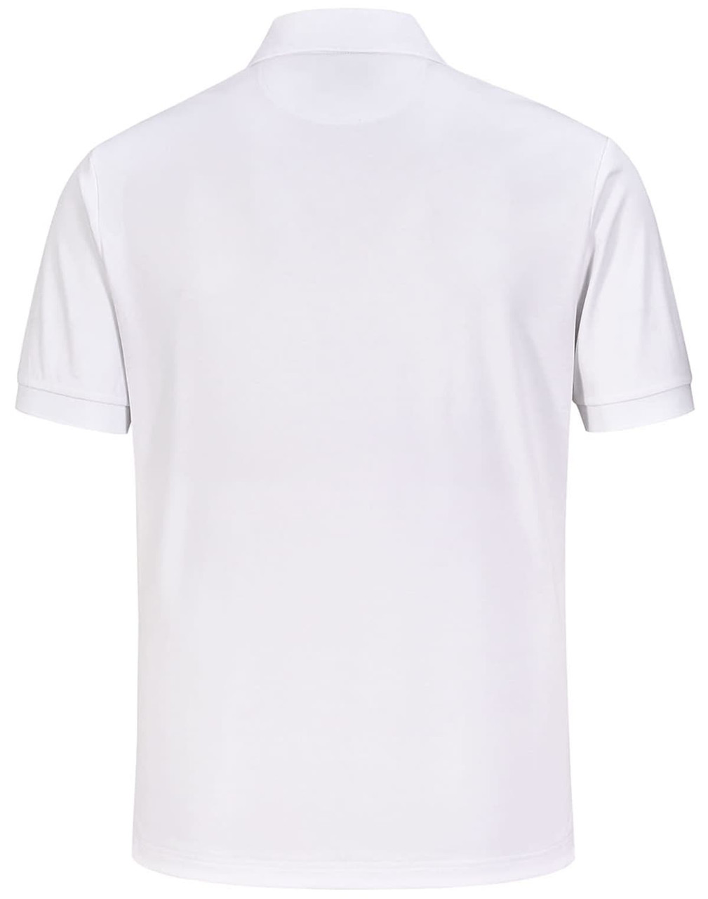 A white men's sustainable poly/cotton corporate short-sleeve polo shirt, featuring a collar and a back view.