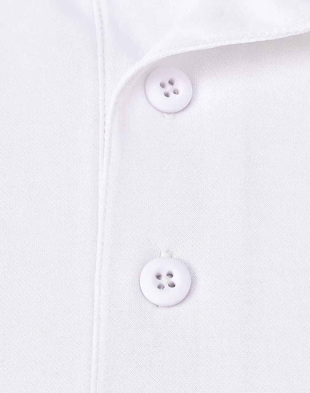 A close-up of a white sustainable polo shirt featuring two buttons and a collar. The shirt includes a logo.