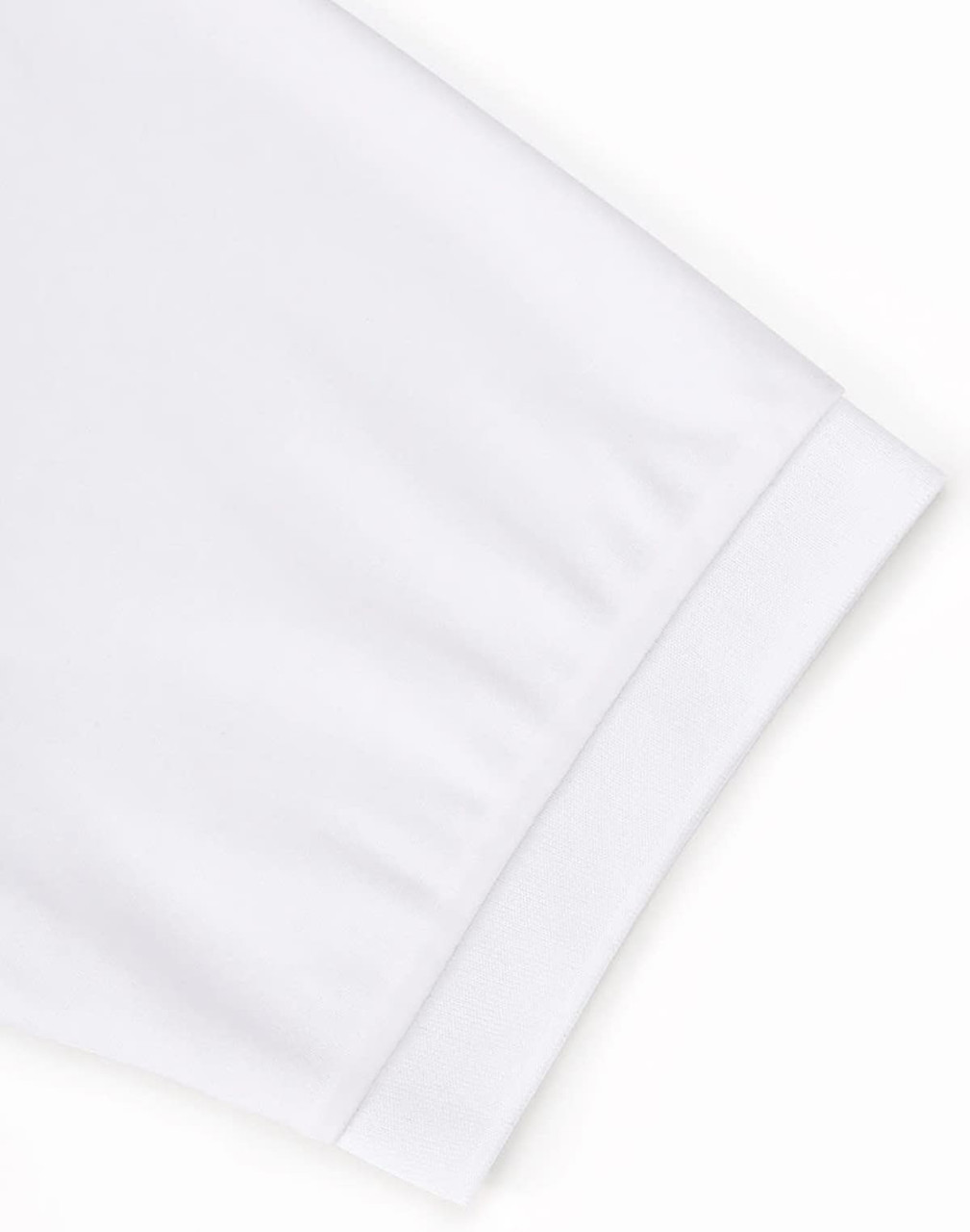 A close-up of a white men's polo shirt, featuring short sleeves and a ribbed cuff. The shirt includes a logo.