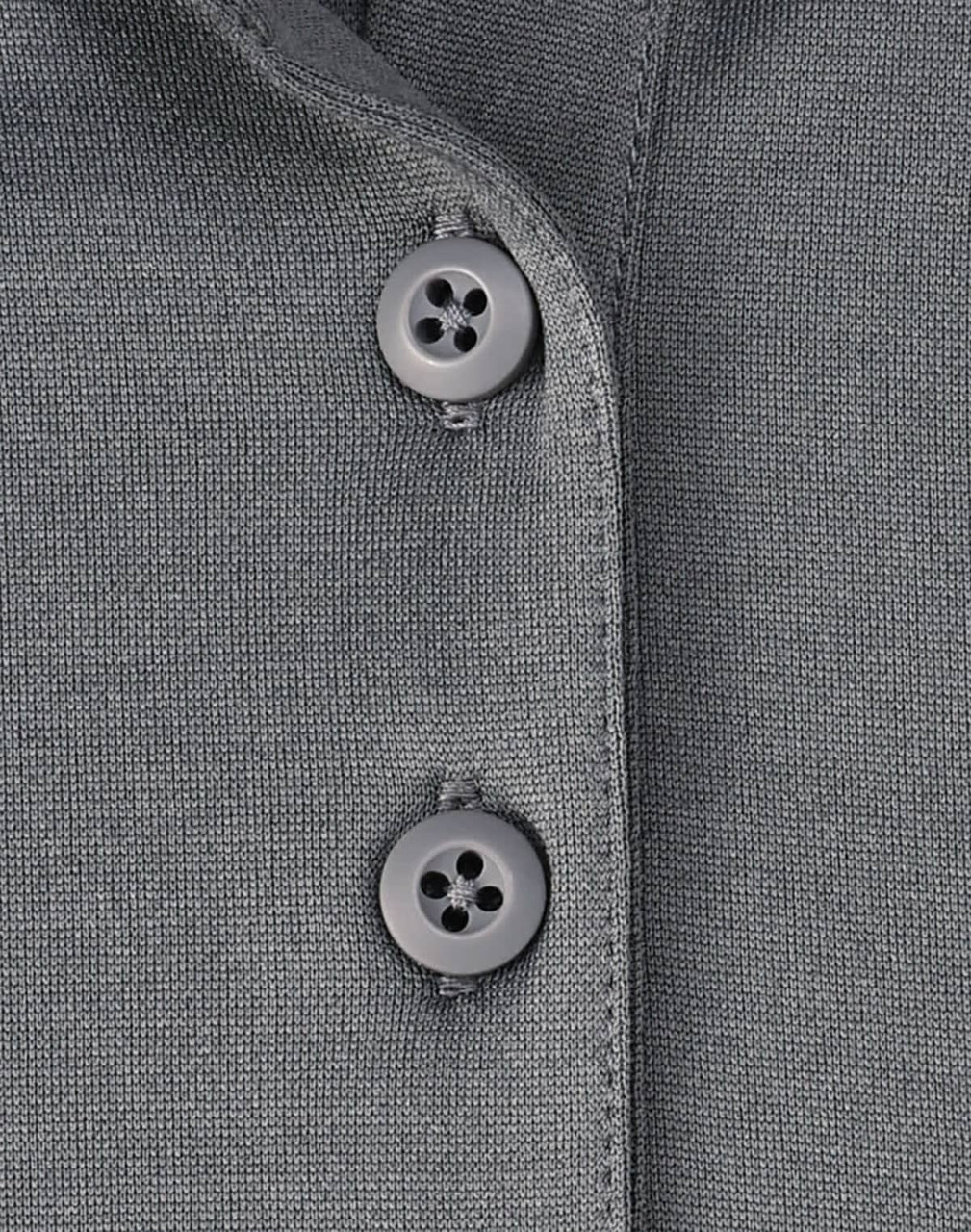 A grey polo shirt featuring two grey buttons on the collar, made from sustainable poly/cotton fabric.