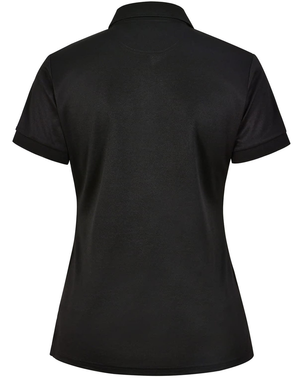 A black ladies' polo shirt with short sleeves, featuring a collar and a logo on the back.