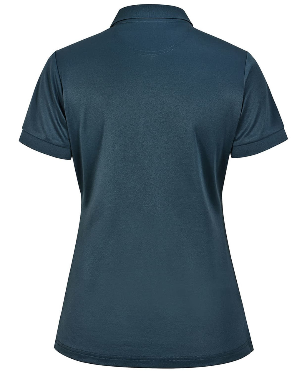 A dark teal ladies' sustainable poly/cotton short-sleeve polo shirt with a collar and a branding logo.