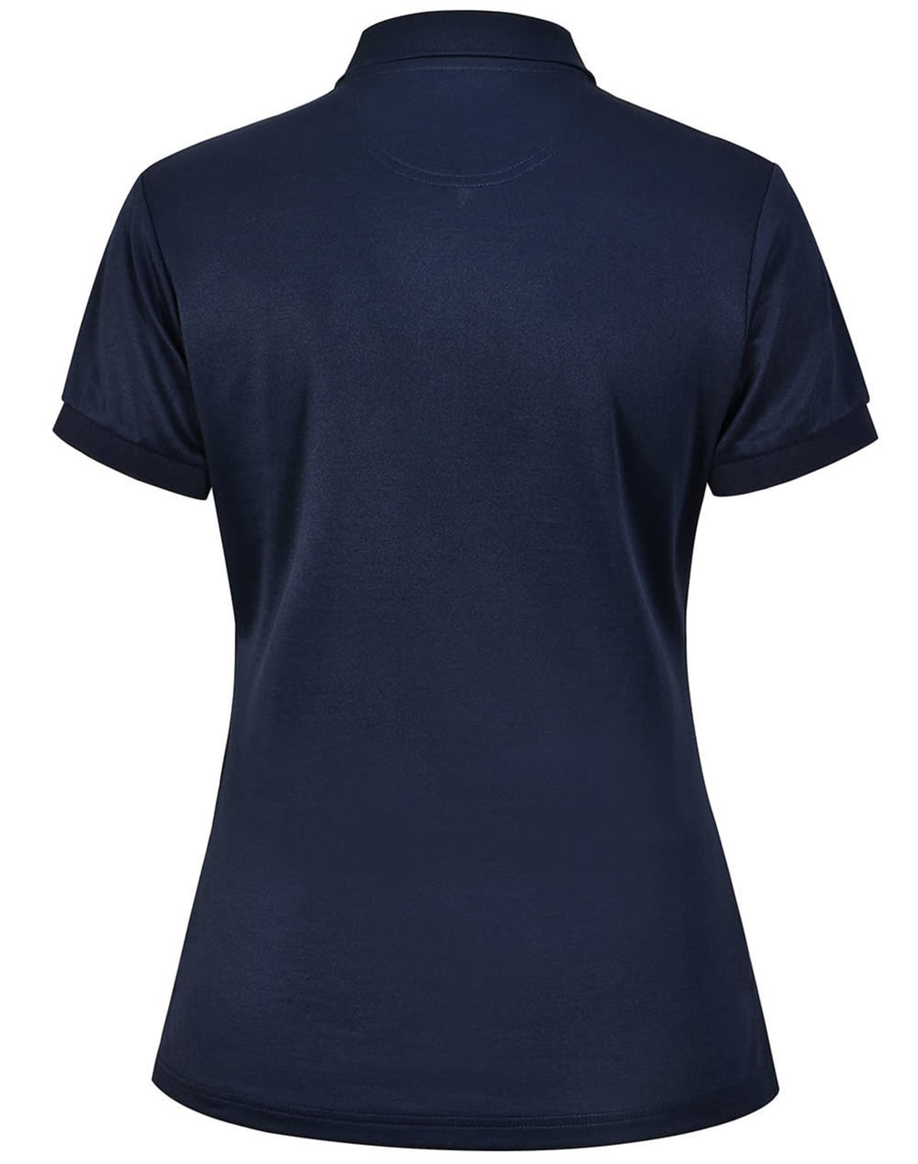 A navy ladies' polo shirt with a fitted design and short sleeves. The shirt features a collar and a logo.