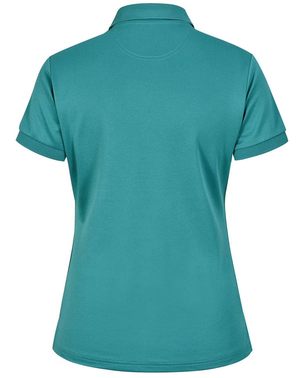 A teal ladies' short sleeve polo shirt, featuring a collar and a logo on the back.