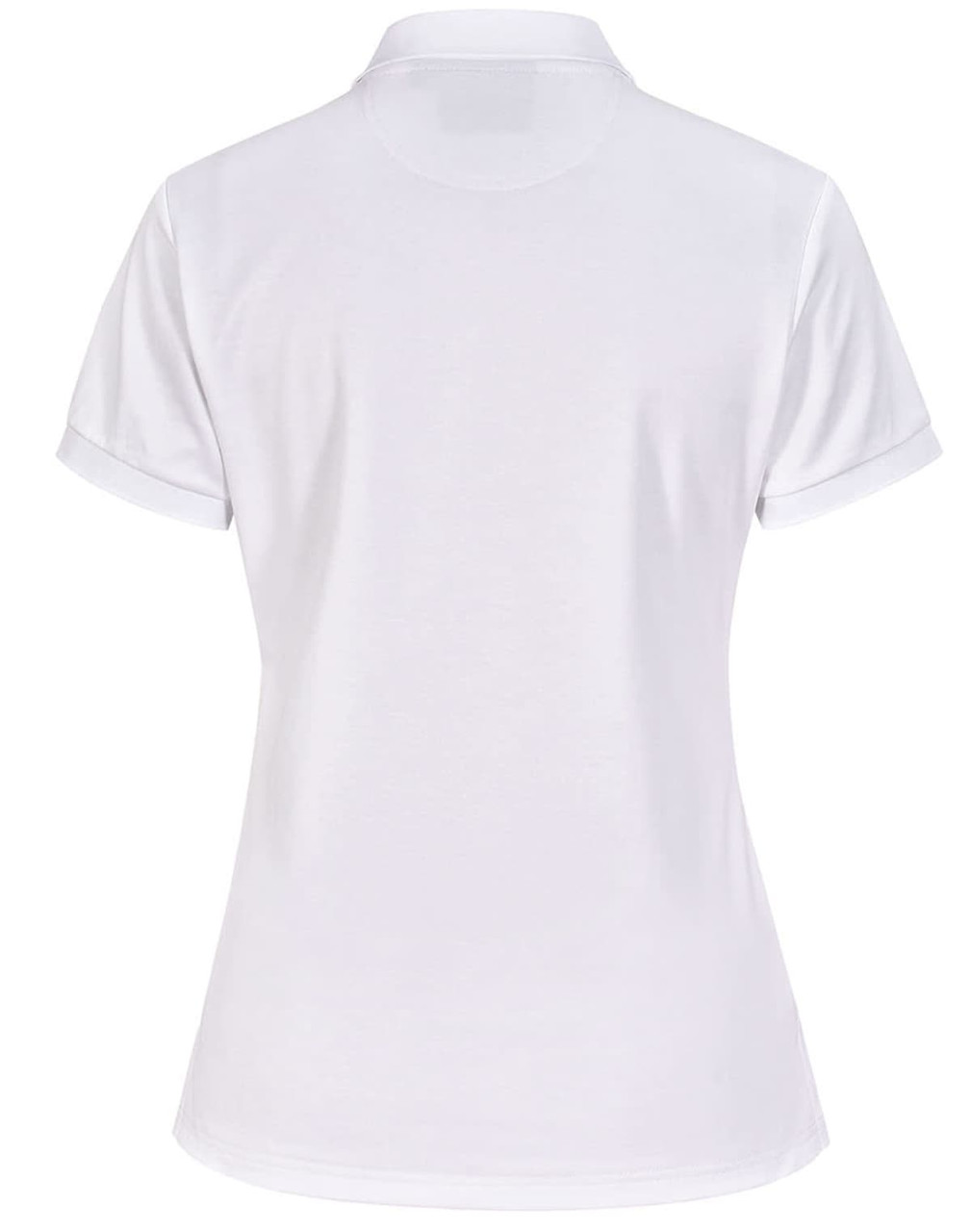 A white women's polo shirt made from sustainable poly/cotton, featuring a classic collar and short sleeves.