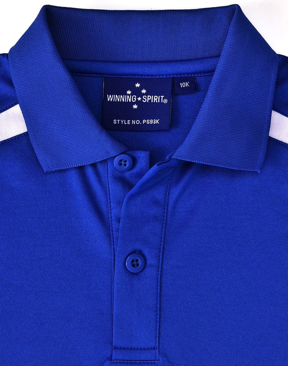 A blue polo shirt with a collar, featuring white contrast stripes and buttons. It has a logo on the inside label.