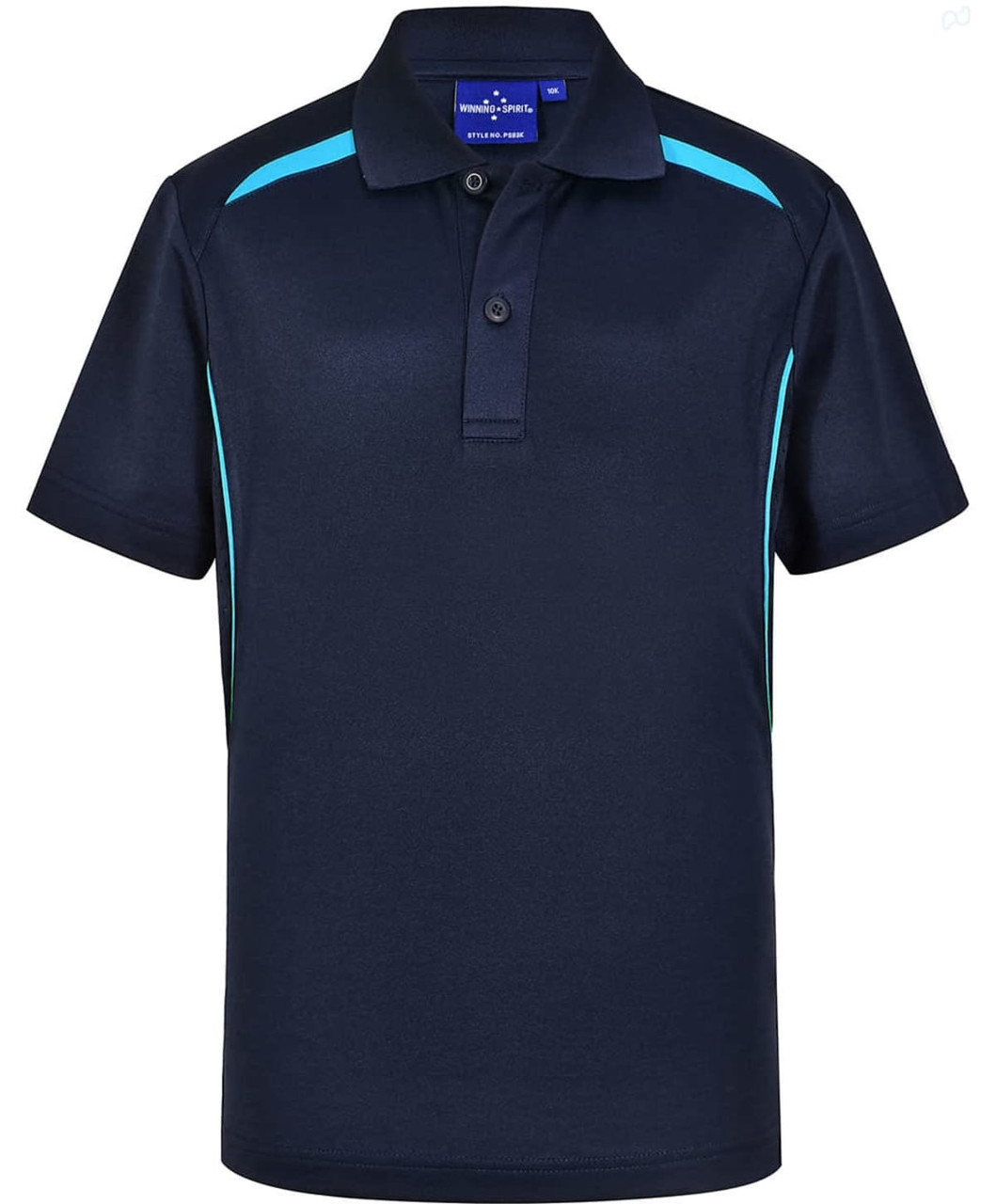 A dark navy polo shirt with contrasting turquoise stripes and a collar, featuring a branding logo.