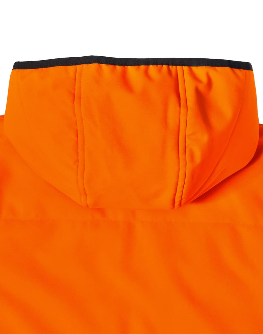 A bright orange safety jacket featuring a quilted design and a hood, with a contrasting black trim at the collar.