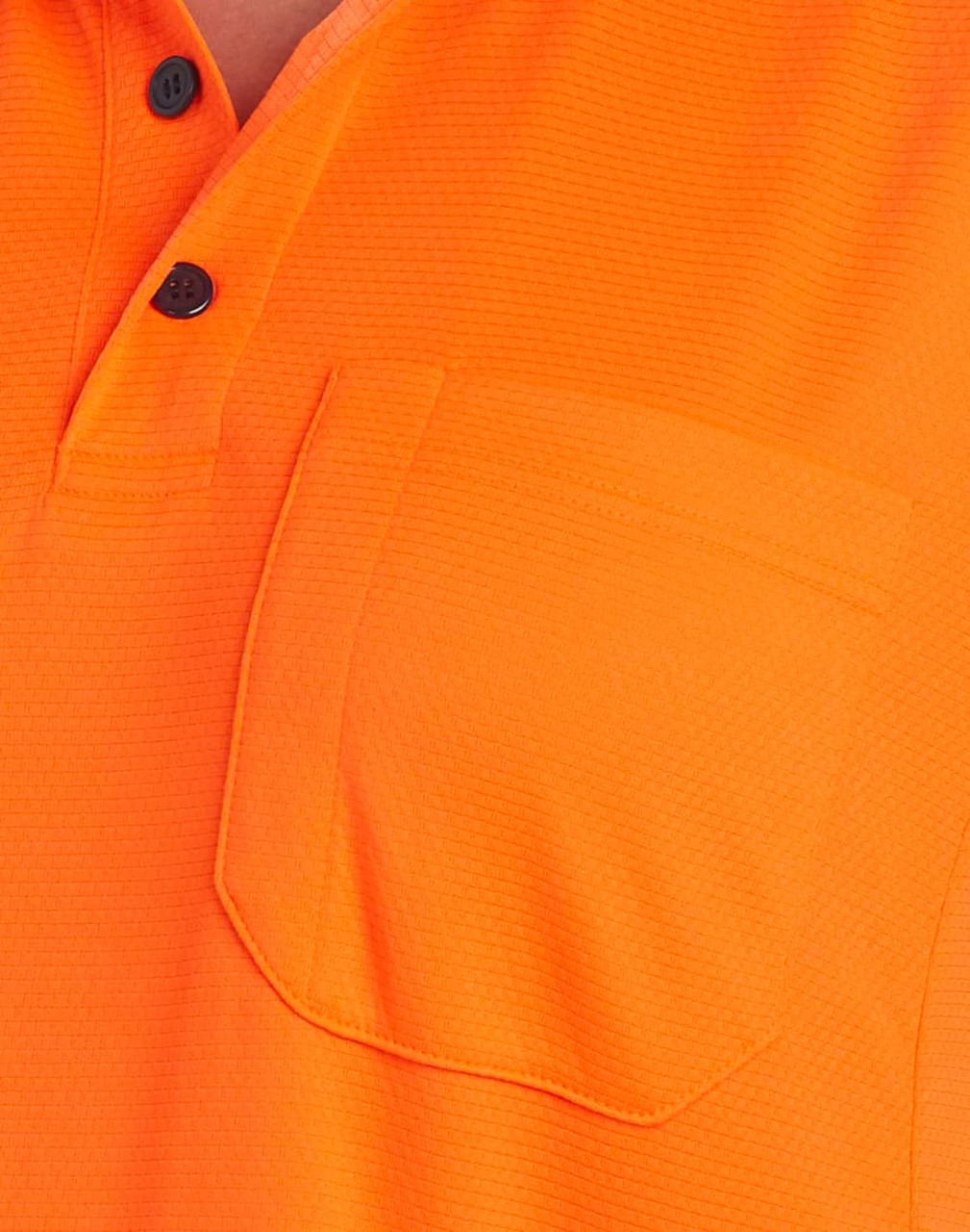 An orange short-sleeved polo shirt featuring a pocket and a collar with buttons, along with a logo.