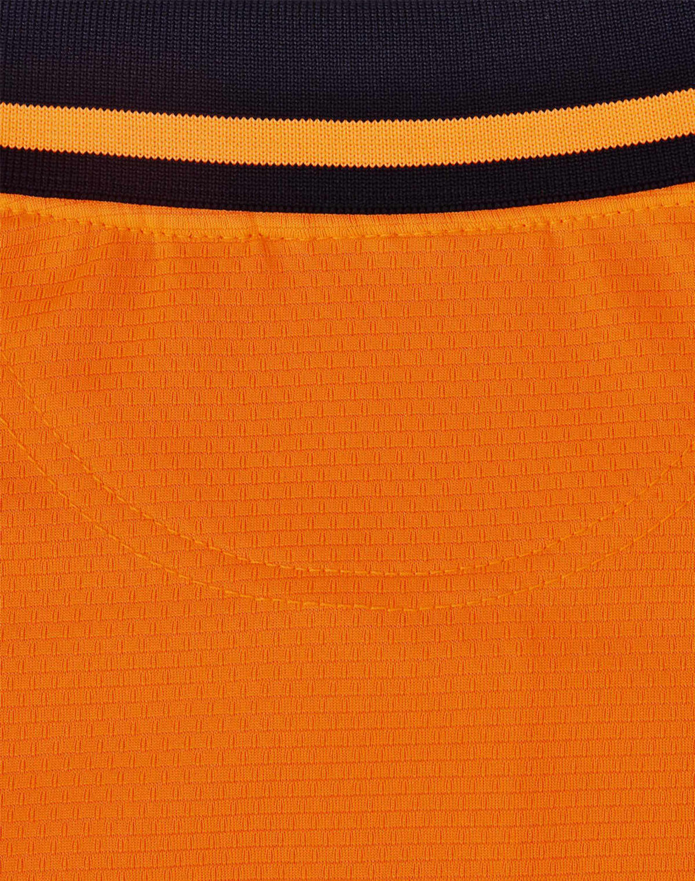 A close-up view of a unisex hi-vis polo shirt featuring orange and black colours, with a ribbed texture and a logo.