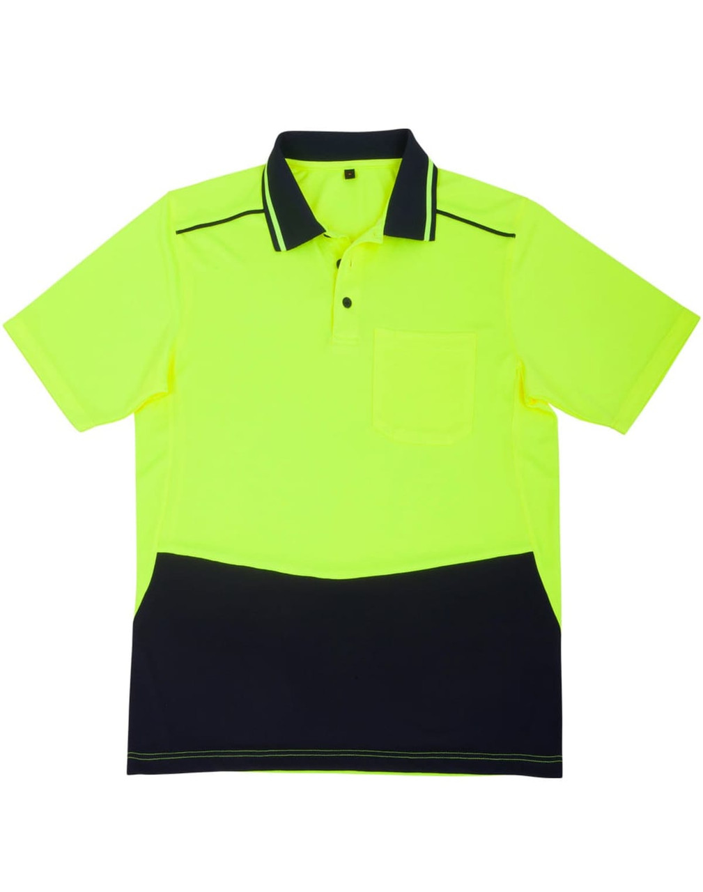 A unisex short-sleeve polo shirt in high-visibility yellow and navy, featuring a pocket and a logo.