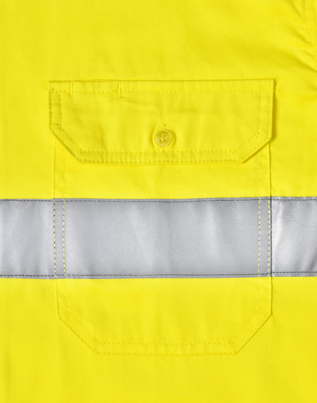 A bright yellow long-sleeve safety shirt featuring a reflective tape and a buttoned pocket. It includes a logo.